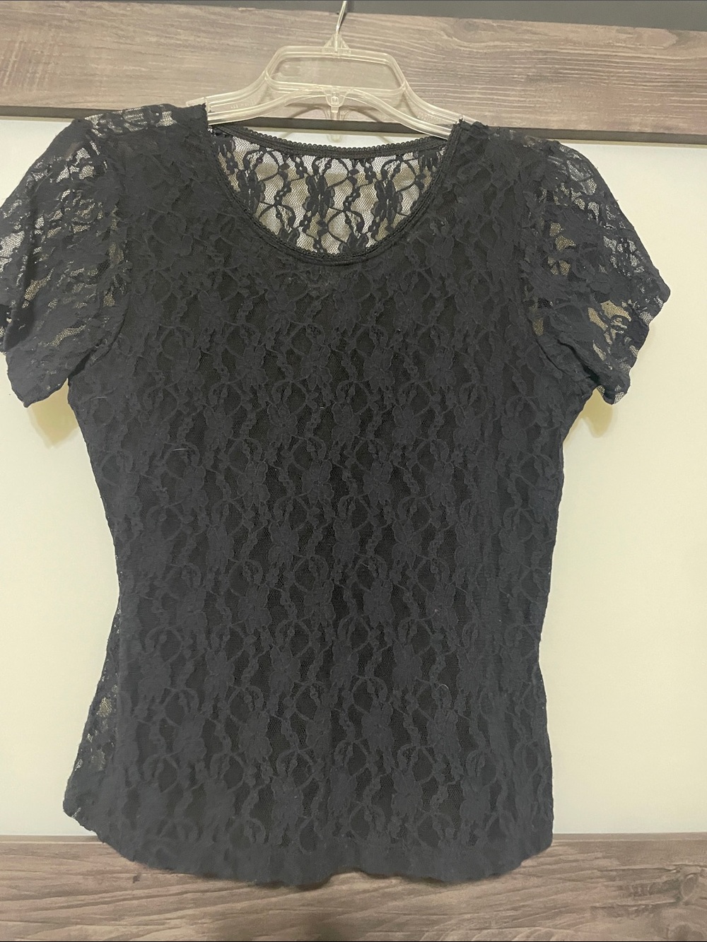 Black Lace Short Sleeve Scoop Neck Blouse - Women
